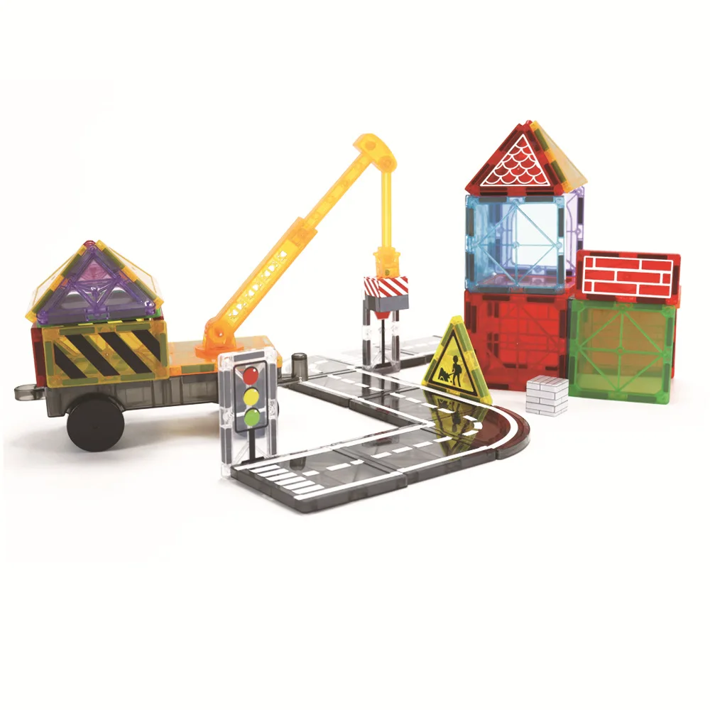 Kids Games Magnetic cube Building blocks Tiles Road Set with Extendable Magnetic Crane City Construction with Car for Toddlers