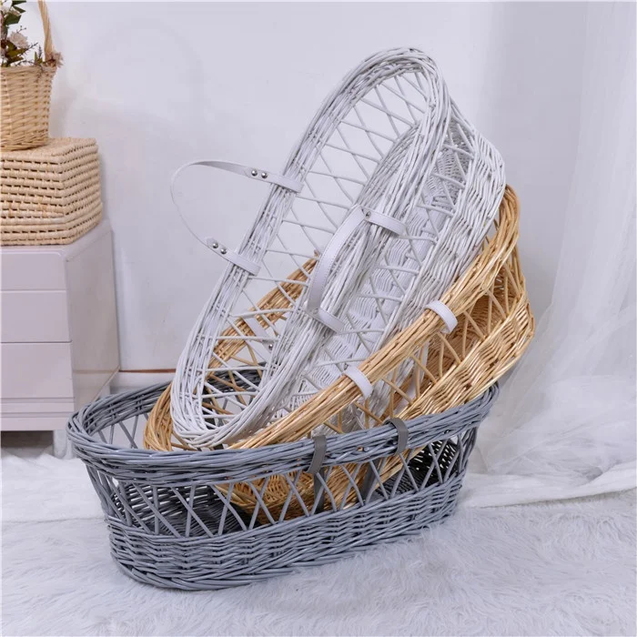 Eco-friendly Materials Handled Natural Woven White Baby Wicker Moses Basket For Sleeping