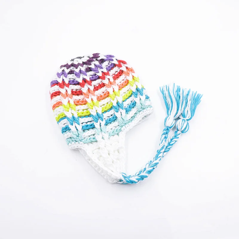 Custom Team Jacquard Pattern Knitted Braids Tassel Ear Flaps Winter Warm Cap Ear Cover Hat