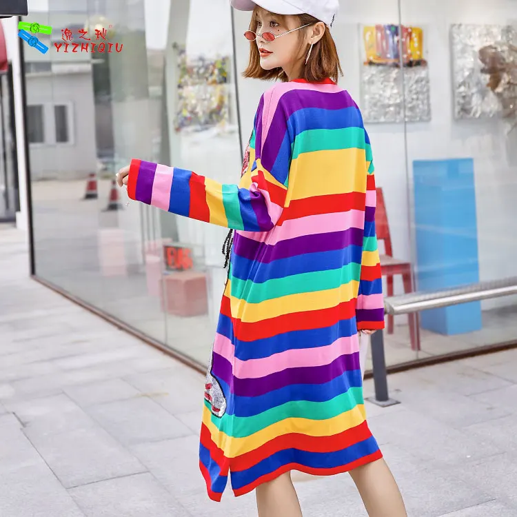 YIZHIQIU casual sequin mermaid rainbow striped winter women long sleeve sweater dress 2019