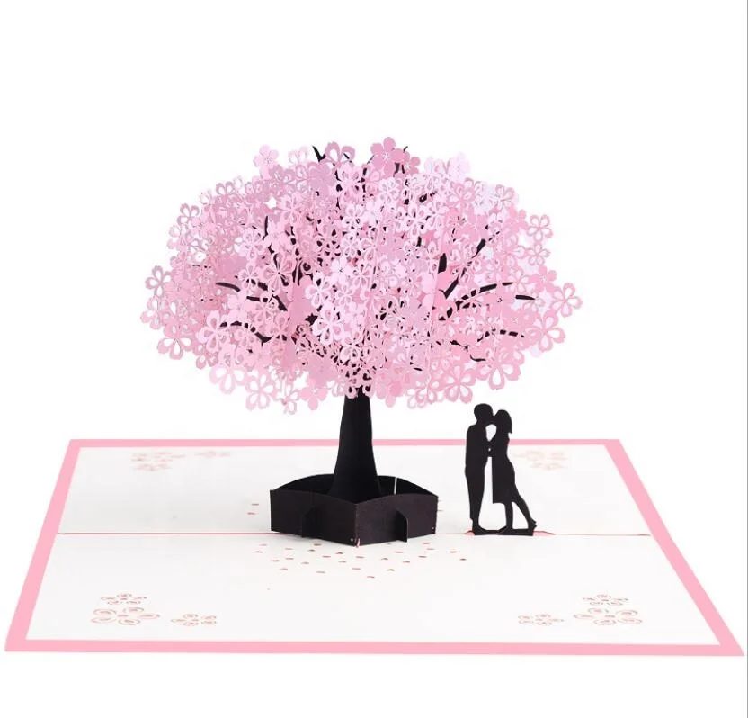3D Pop Up Greeting Cards Romantic Cherry Tree Loveers for Wedding Valentine Anniversary Easter Birthday Festival Party