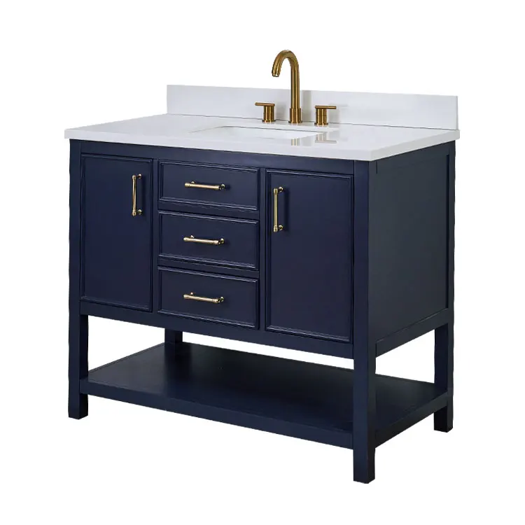 Высококачественный темно-синий туалетный столик 42 дюйма для ванной комнаты с керамической мраморной поверхностью, современный туалетный столик для ванной комнаты