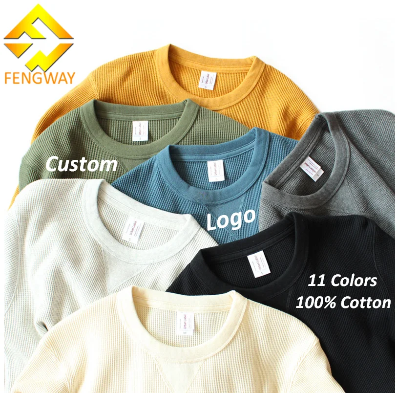 315gsm Heavyweight T-shirt Waffle Crew Neck Long Sleeve Tee Slim Fit Mens Blank T-shirt Fengway Custom 100% Cotton Men Casual