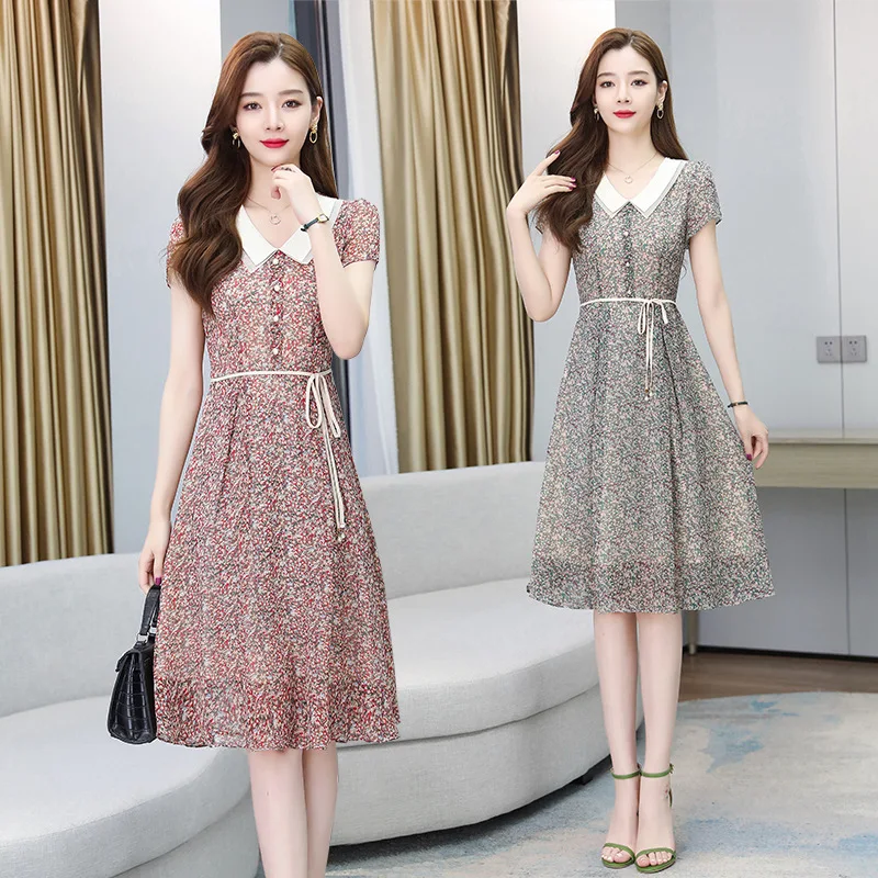 Новое летнее платье с цветочным принтом, женское платье, с коротким рукавом, с воротником в кукольном стиле шифоновое платье с завязкой на талии