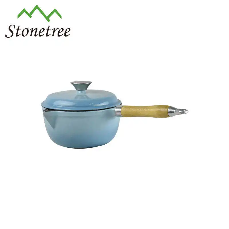 Orange Enamel Cast Iron Double Wall Whistling Milk Pot With Wooden Handle