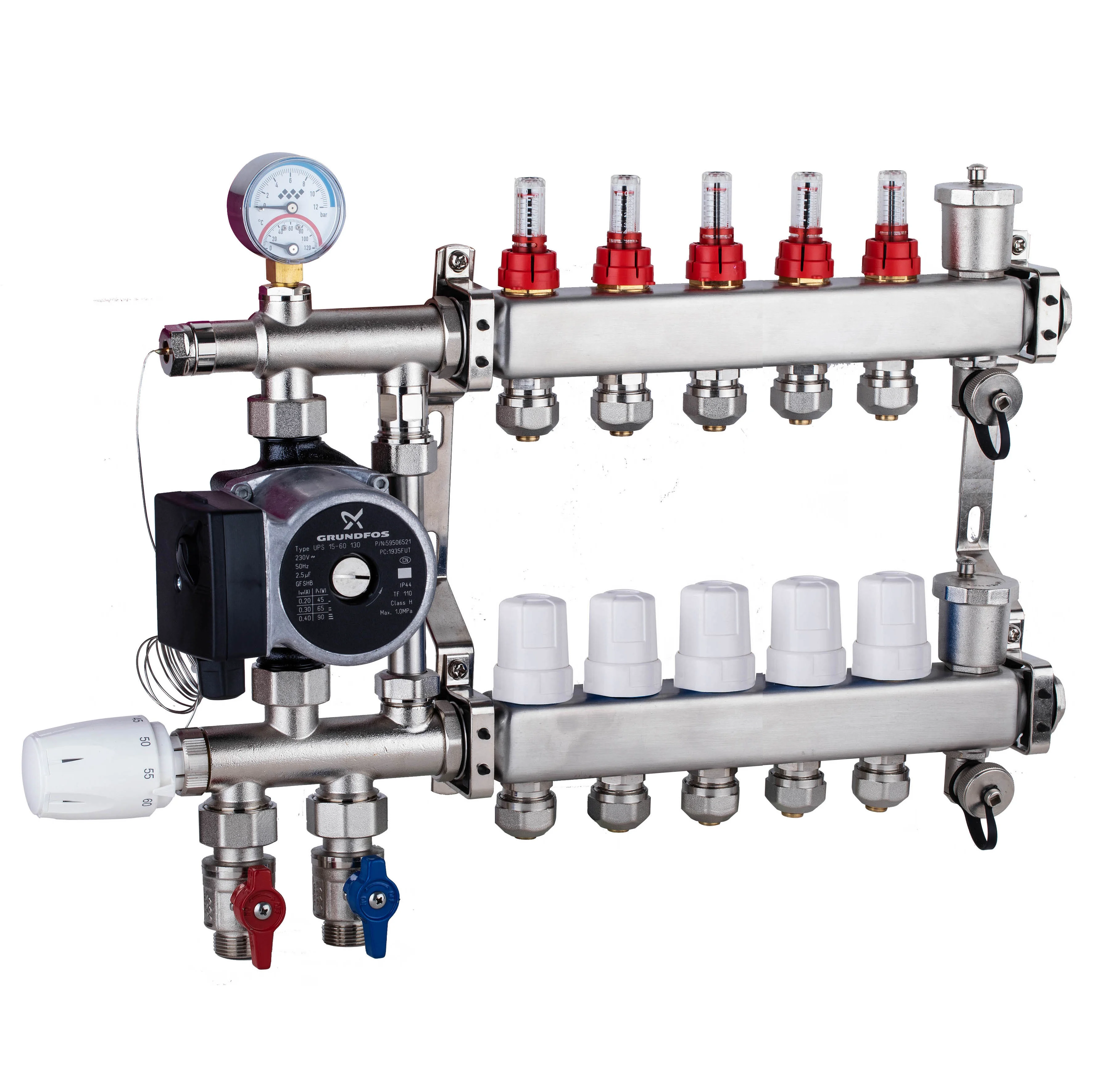Underfloor heating manifold with pump for home central heating system