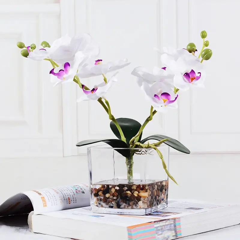 Artificial Flower Bonsai with Glass Vase Orchid Flowers Arrangement Phalaenopsis Flowers Pot for Home Office