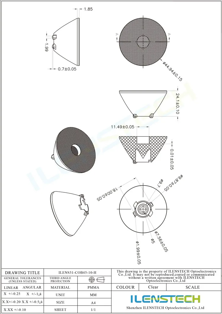 Светодиодная оптическая линза с узким углом луча и держателем, светодиодная линза диаметром 45 мм