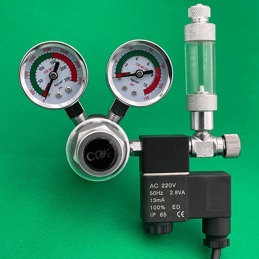 Thread G5/8-INT Dual Gauge Aquarium Co2 Regulator With Check Valve Bubble Counter Magnetic Solenoid Valve