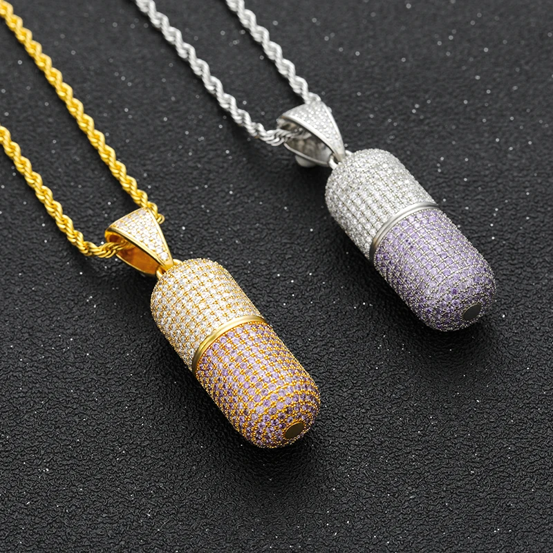 DUYIZHAO Hip Hop Pendant with 3mm Stainless Steel Rope Chain  Gold Plated Micro Pave CZ 3D Pill Capsule Removable Pendant