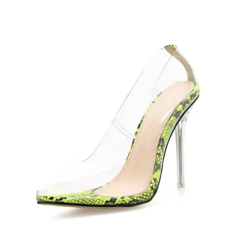 Tacones De Mujer Talon Neon Green Pumps Stylish Snake Skin Jelly Sandals Transparent Clear Heels for Women and Ladies