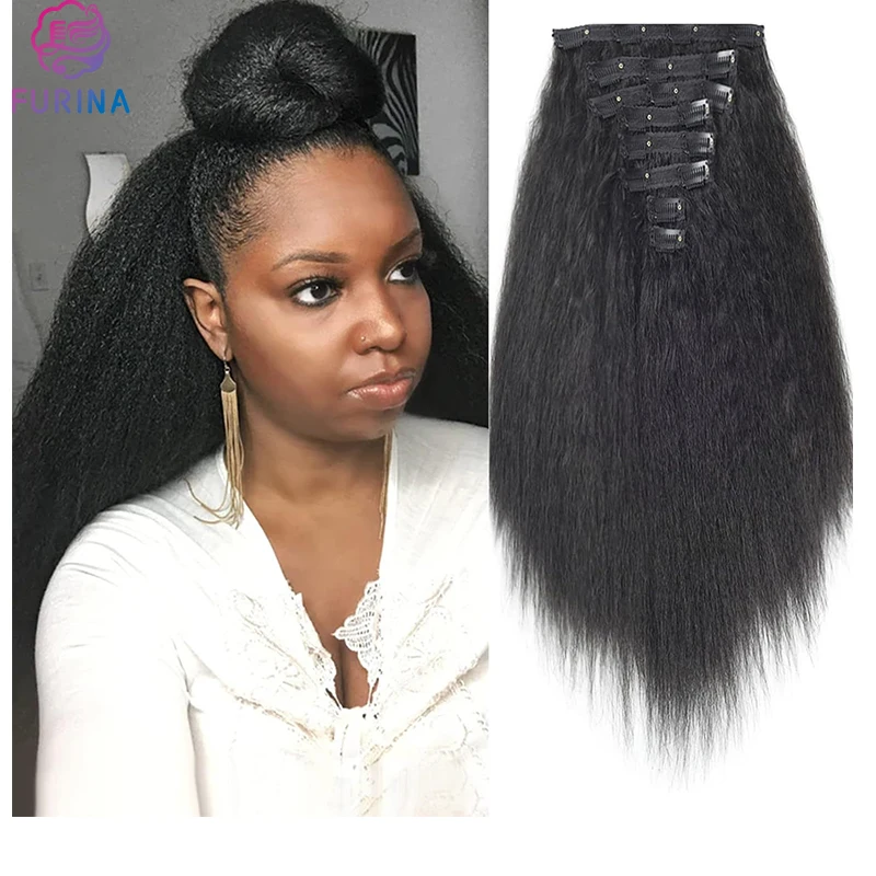 High quality beauty kinky straight full yaki 8 pcs 18 clips handy synthetic clips in hair extensions for women girls