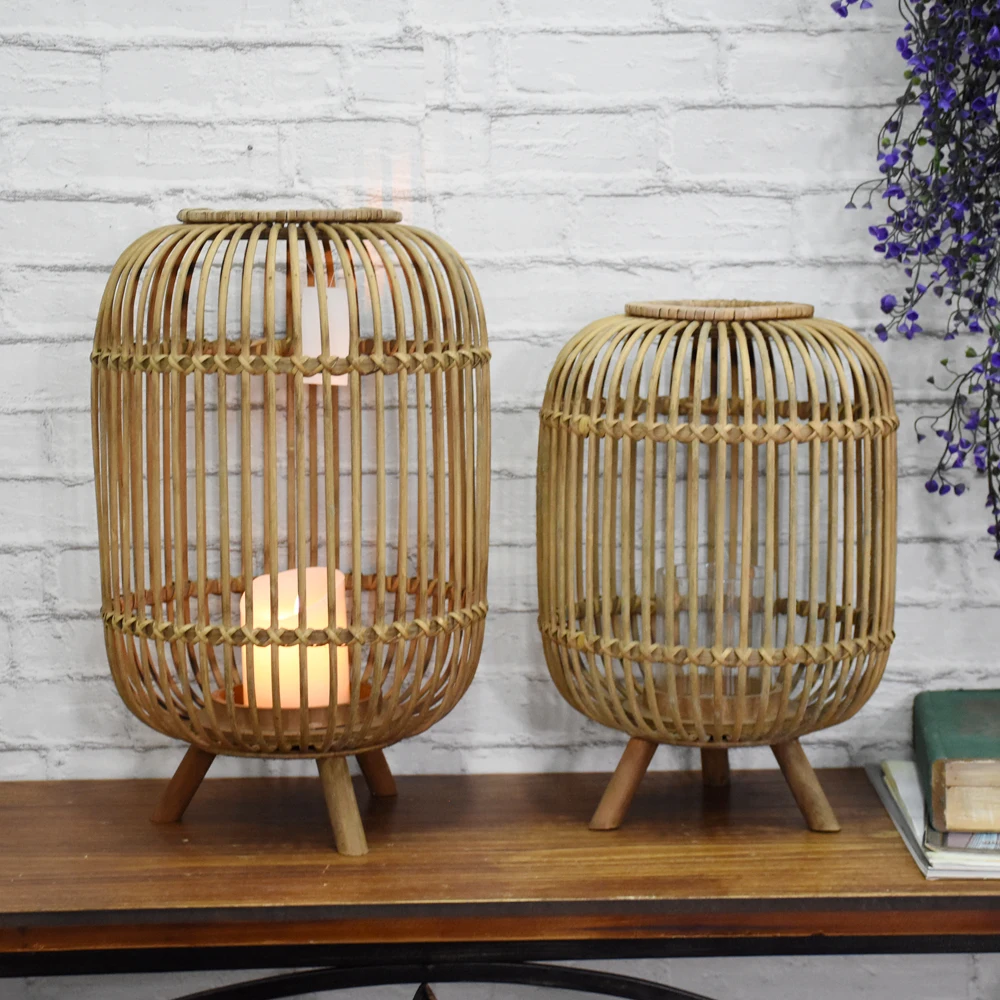 Bamboo Hurricane Lantern Candle Holder Round Vintage Candle Lantern with Stand And Glass Shade For Home Indoor Decorations