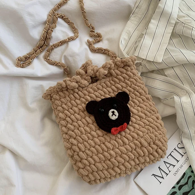 Hand woven bag ice thread Crochet Wool bag knitted bear Single Shoulder Messenger Bag