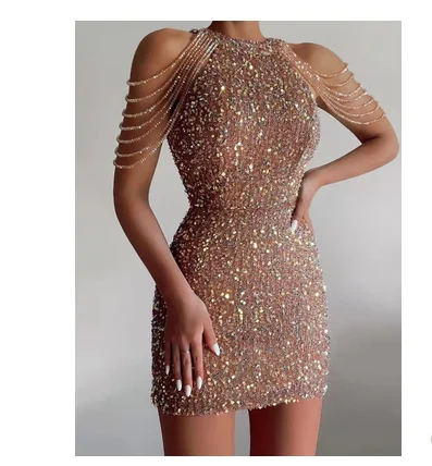 Women Party Dress European and American Halter Neck Package Hip Skirt Sexy Sequins Off Shoulder Party Evening Dress