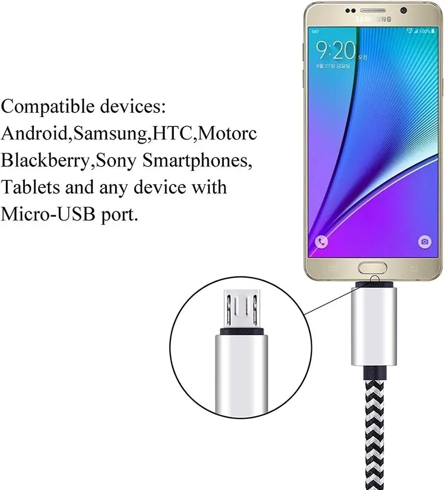 TKETAI 10ft/3m Double Braided Nylon Tangle-Free USB Cable For Android, Samsung, LG, HTC, Nexus, Sony and More (Black)