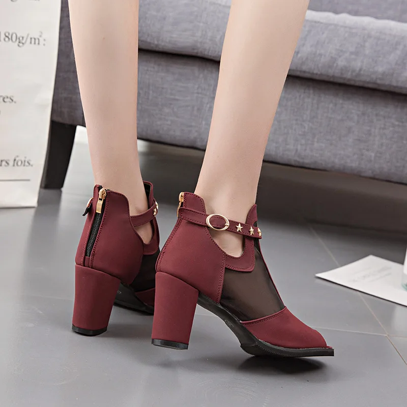 new design ladies summer mesh high heel sandals printing rivet buckle strap wedding boots shoes for women