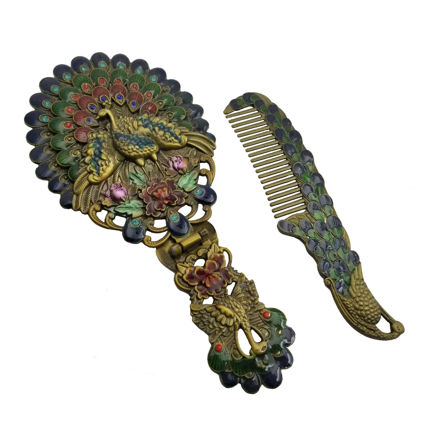 Portable Vintage Tin Peacock Folding Makeup Mirror And Comb For lady gift