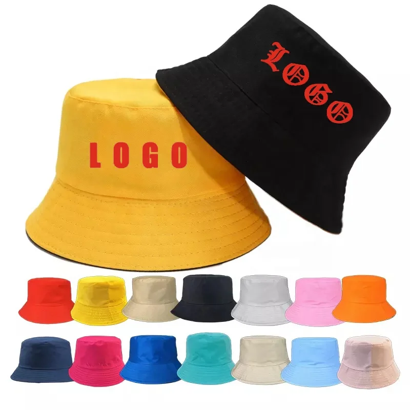 Wholesale unisex custom embroidery logo cotton travel solid outdoor flat top wide brim kids fisherman bucket hat caps