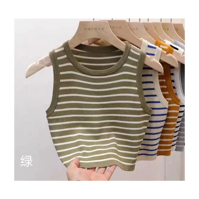 2024 Europe Fashion Summer Vest Women O-neck Sleeveless Stripped Vest Solid Color Slim Knitted Daily Casual Lady All-Match Vest