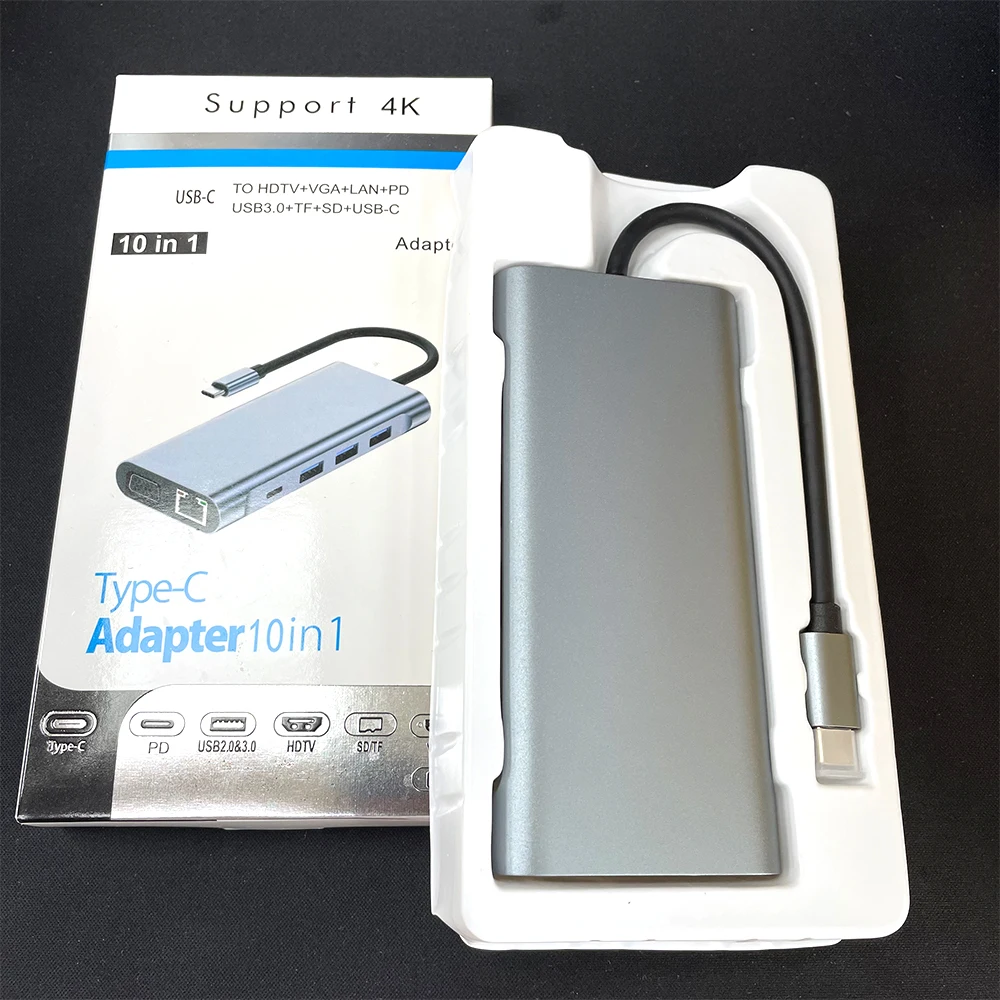 USB C HUB 4K 30Hz 10 in 1 Multiport Adapter USB 3.0/2.0 Ethernet PD USB C Charger VGA SD/TF Card Reader