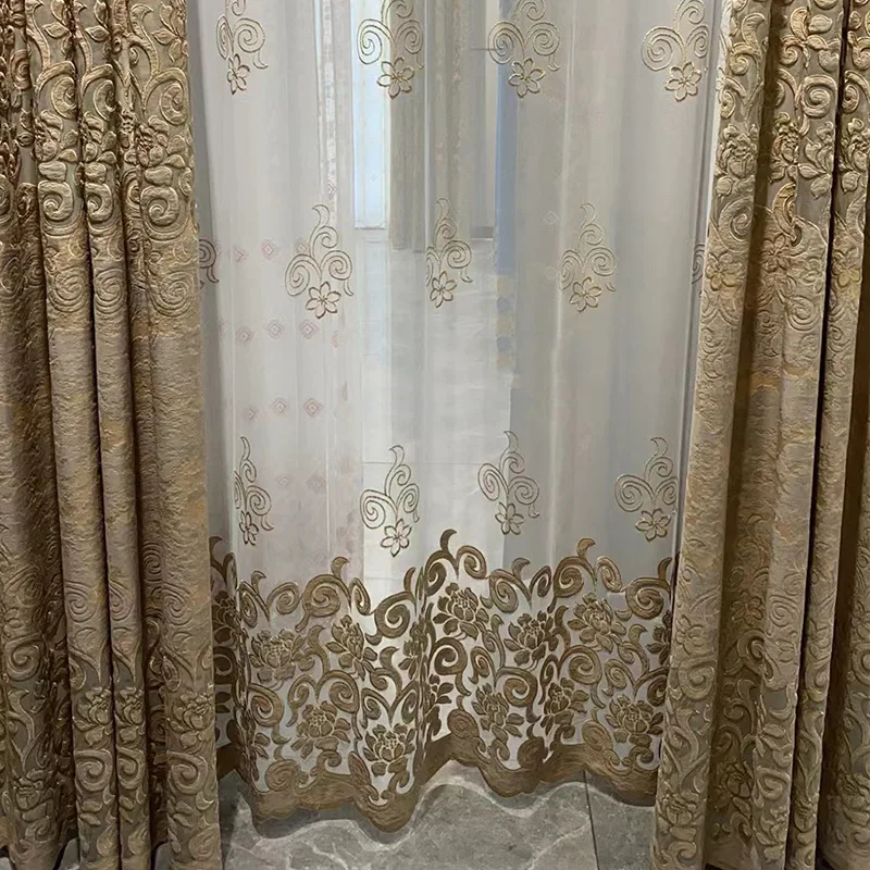High Quality New European Style Living Room Luxury Beige Velvet Embroidered Curtains With Hollow Out Design