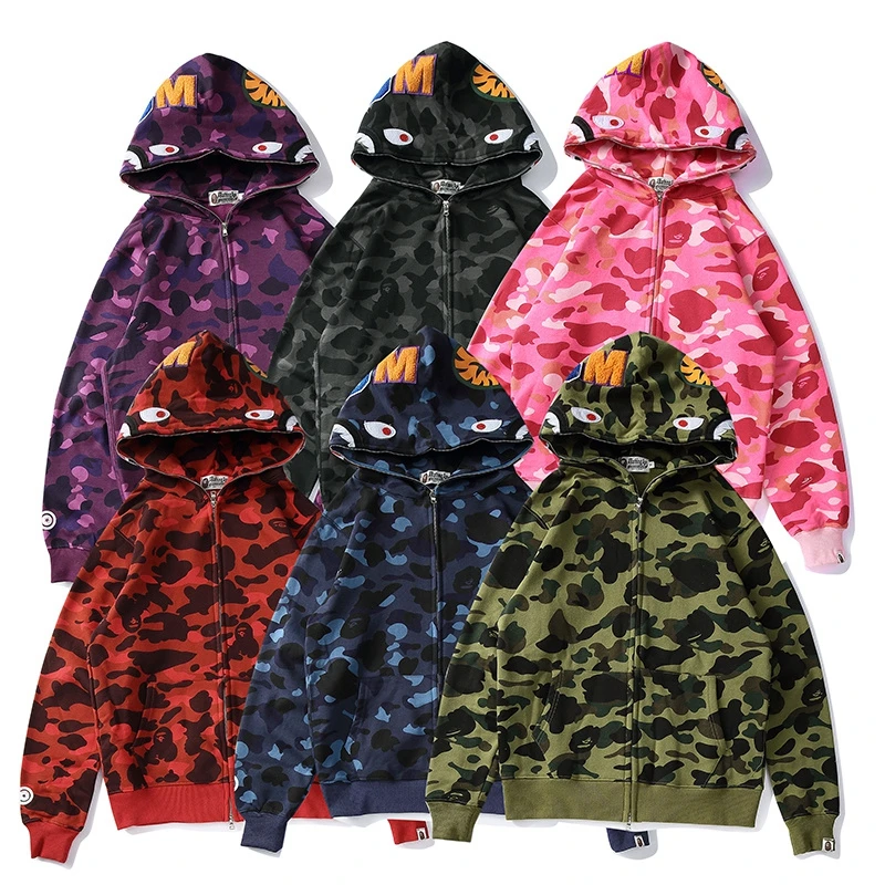 2020 Hot Sale New Fashion   Shark Head  Camouflage Fleece Multi Color OptionsZip Hoodies With Asian Size