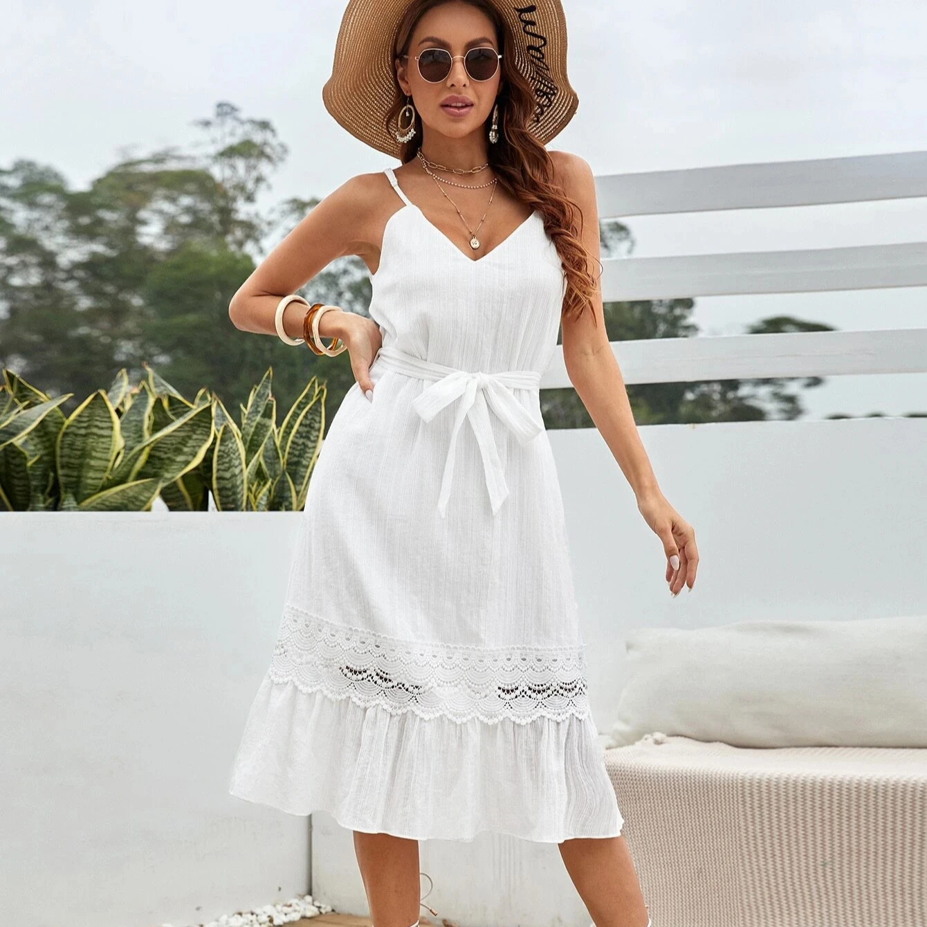 
SHEIN Free Sample Drop Shipping Plus Size Lace Ruffle Hem Belted Cami Maxi wholesale summer Women Dresses 