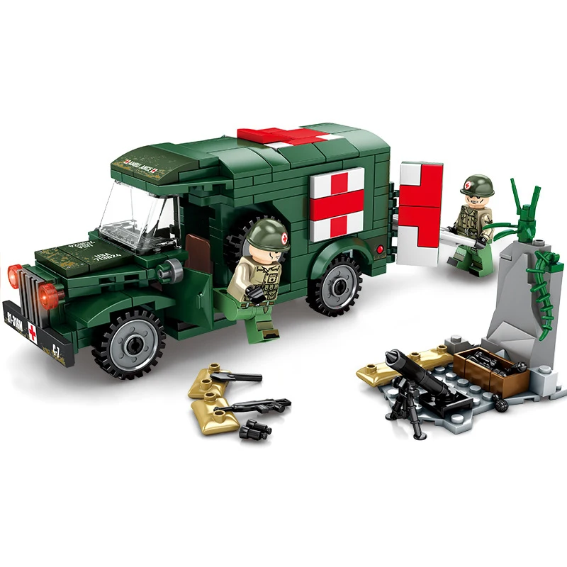 256pcs Steel Empire Military Ambulance Model Building Kits Survival Warfare US Soldier Building Blocks Set Plastic Toys