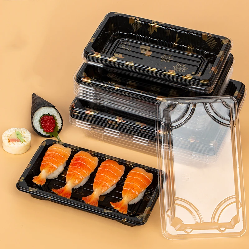 Food Grade Disposable PET Plastic Plate Leak Proof Sushi Tray Container Japanese Sushi Takeaway Packaging Box with Lid