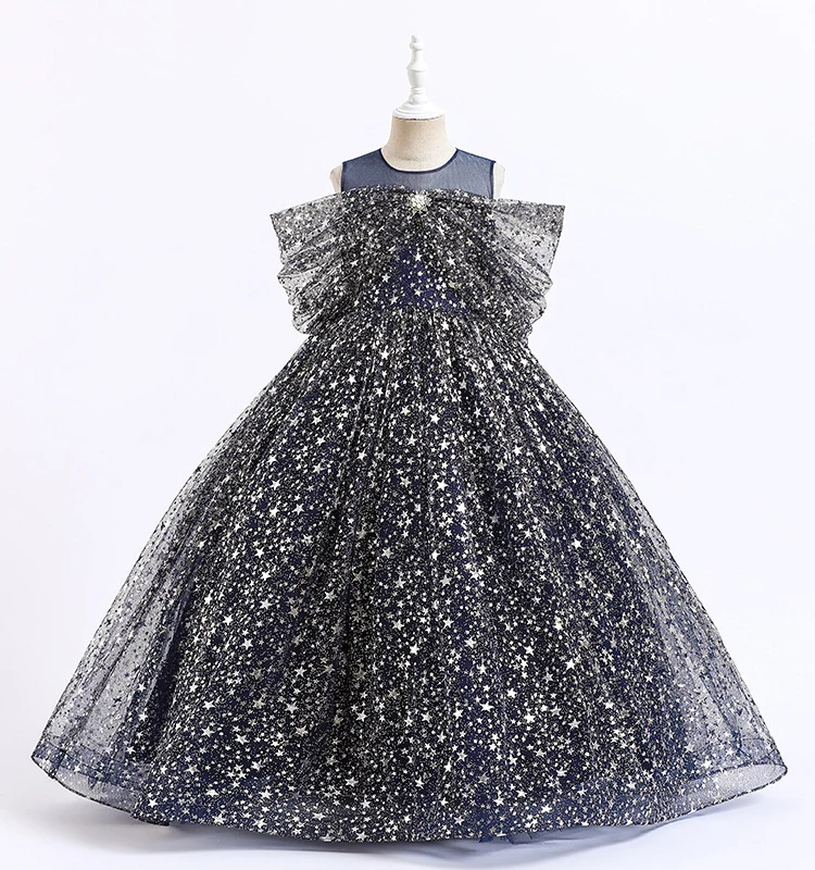 New Kids Girls New Summer Children Mesh Lace Floor Length Stars Catwalk Host Performances Fluffy Gauze Dress