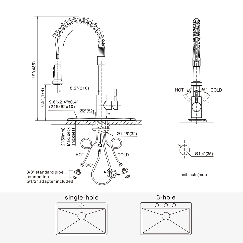 Stainless Steel Spring Kitchen Faucet Single Hole with Deck Plate Pull Out Kitchen Sink Mixer Tap