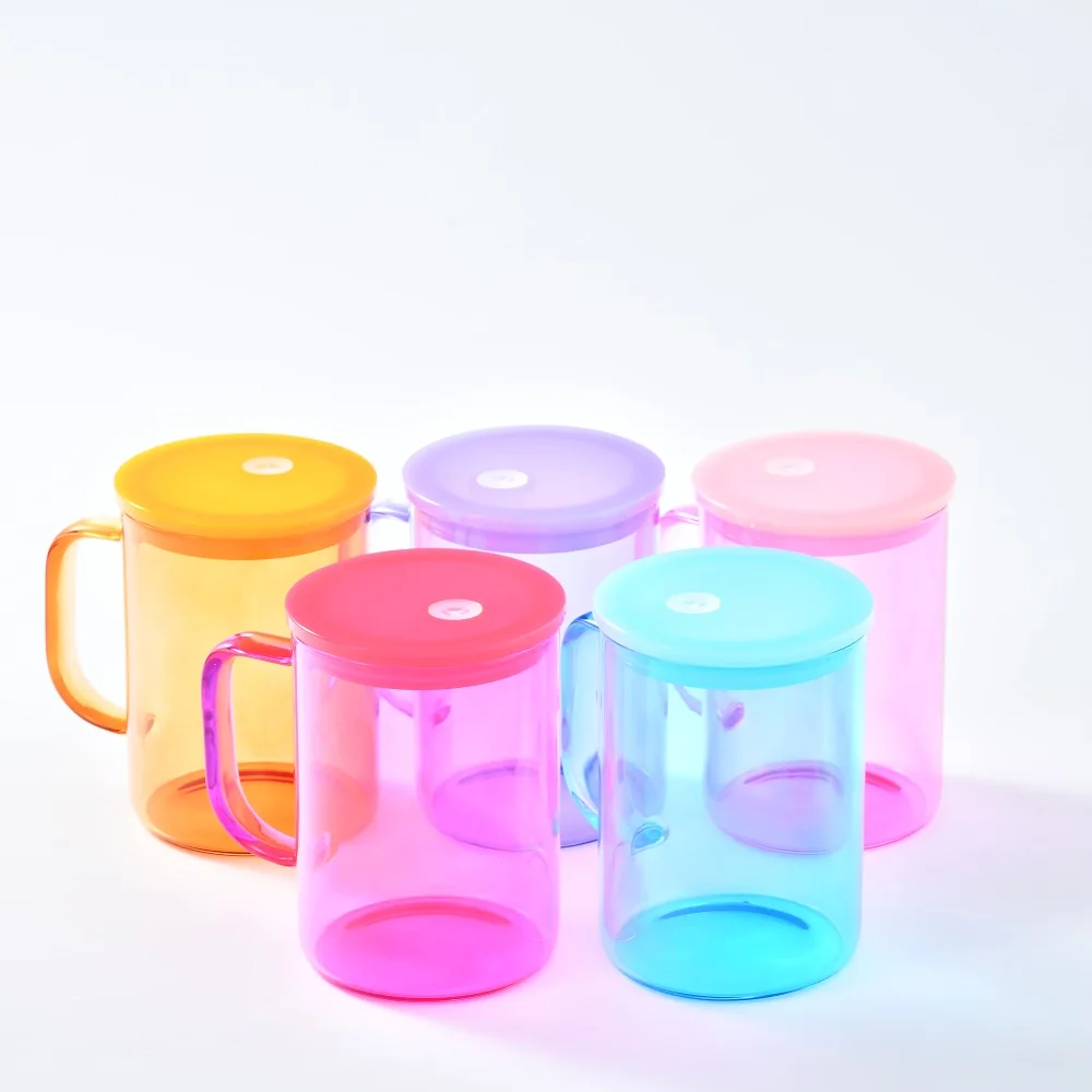 wholesale bulk 15oz Jelly Glass Camper Mug with colored pp lid Tea Milk Beer Crystal clear sublimation glass mug with pp lid