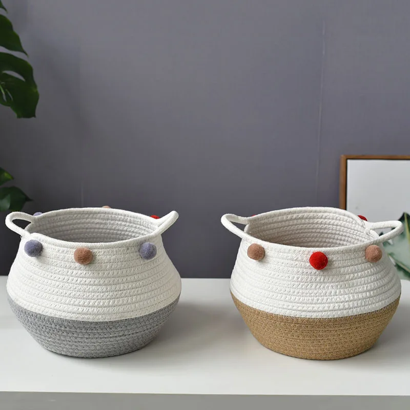 Woven cotton cord storage basket Dirty clothes bag pompoms for decorative plant containers