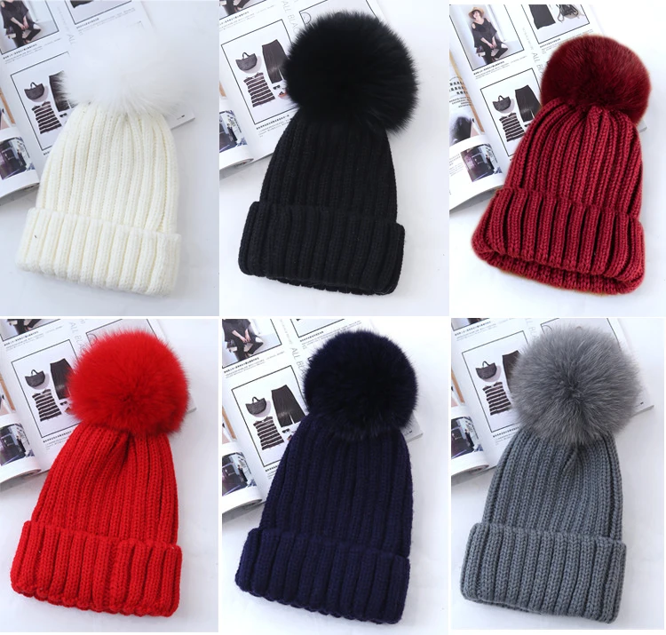 
Fashion Fur balls For Hat Warm Winter Knitted Women Beanie Hat With Fur Fox Fur Balls Pom Pom Hats 