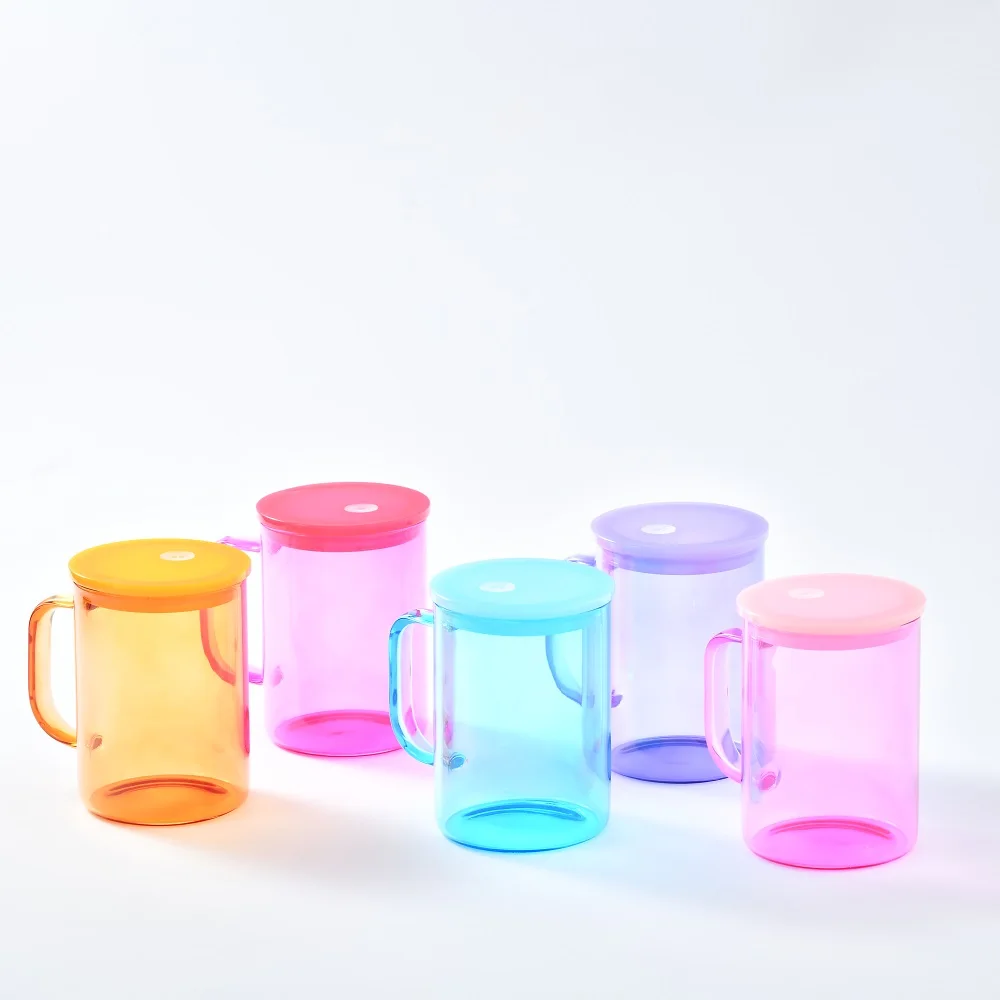 wholesale bulk 15oz Jelly Glass Camper Mug with colored pp lid Tea Milk Beer Crystal clear sublimation glass mug with pp lid