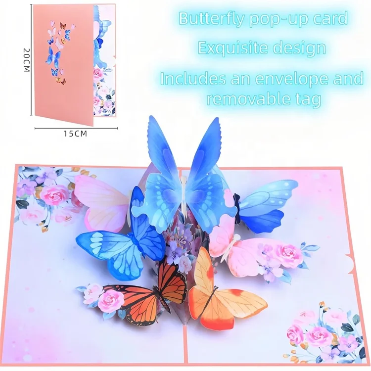 Fullsun Custom Steelhill 3D Pop Up Cards Butterfly Greeting Cards for Women Valentines Day Gifts Card with Envelope