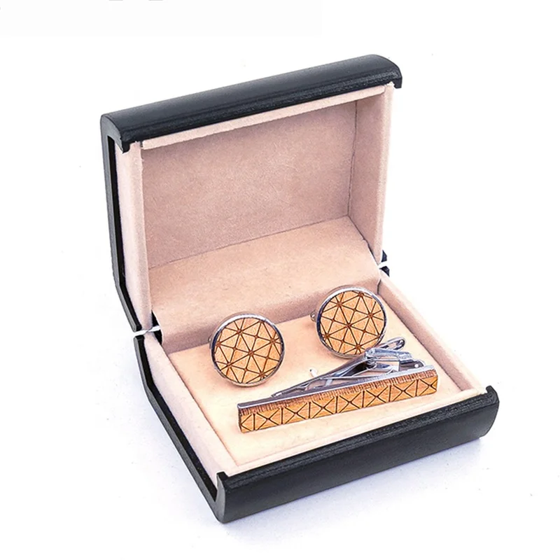 new arrival mens checked round wood cufflinks and tie bar clip gift box set
