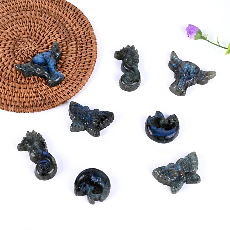 wholesale hot sale natural stone labradorite carving Butterfly seahorse cow fairy for gift