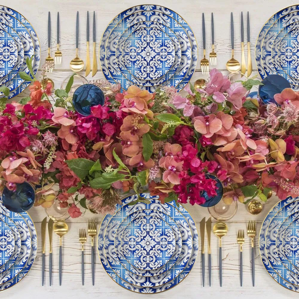 Dishes & plates blue dinnerware gold rim round plates