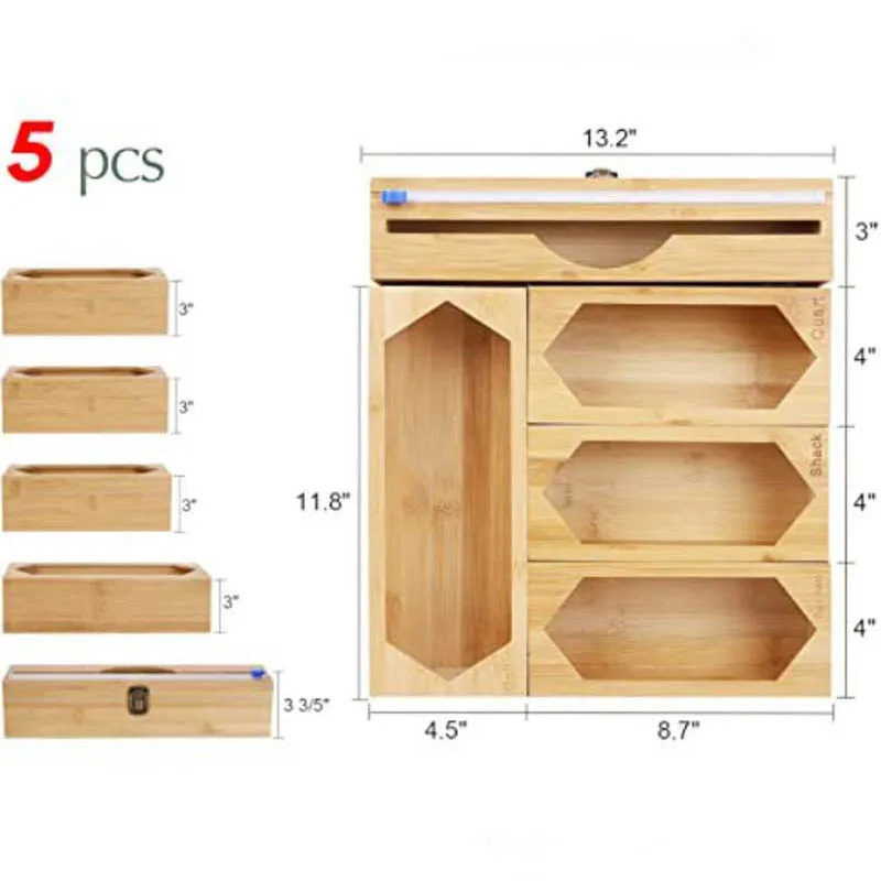 Hot 6 In1 Bamboo Plastic Bag Organizer,Wall Mounted Kitchen Organizer Plastic Bag/