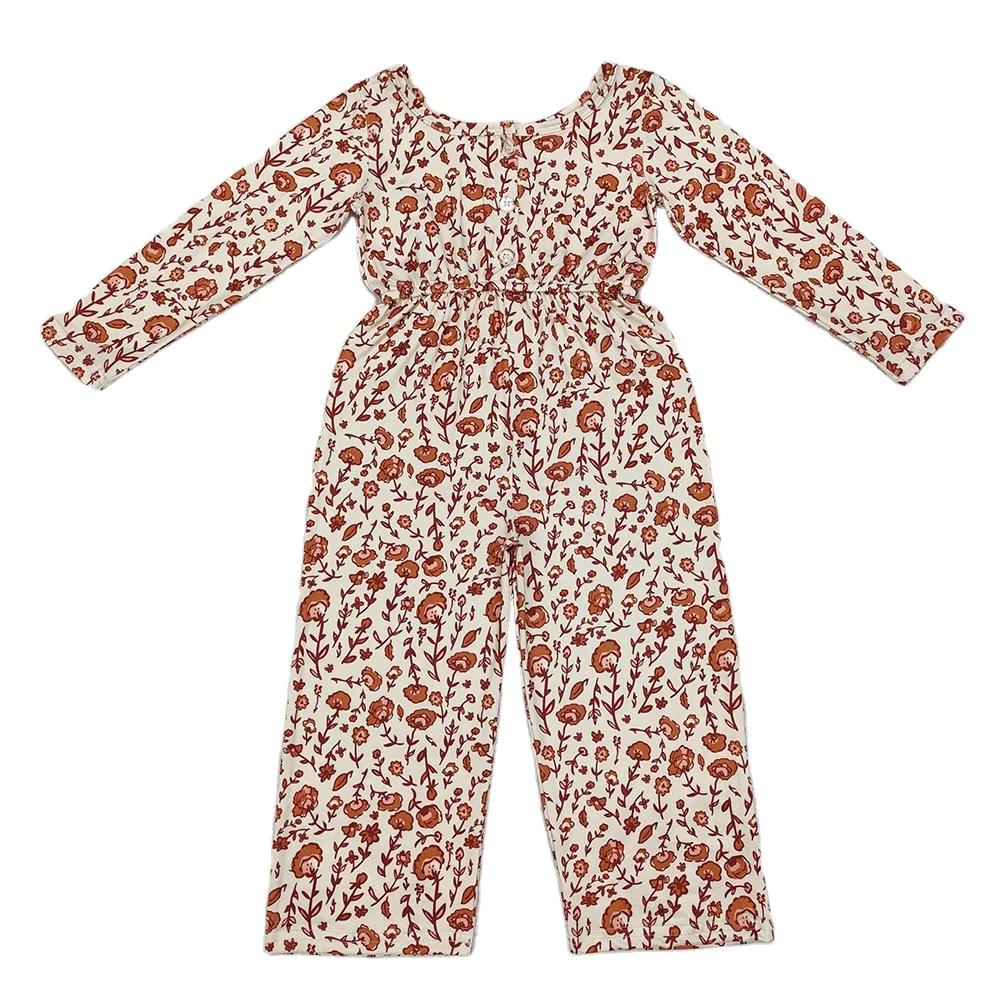 RTS Baby Girls Toddler Light Brown Small Flowers Long Sleeve Boutique Bell Bottom Infant Children Kids Buttons Jumpsuits Rompers