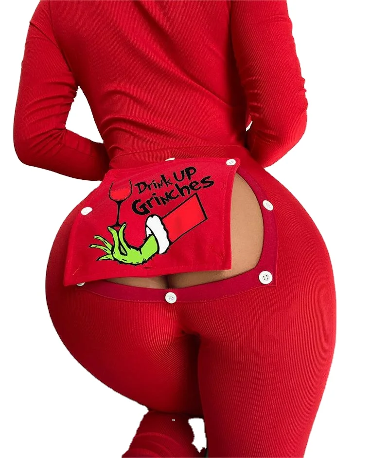 Fall Pattern Letter Printing Knitted Open Butt Pajama Romper One Piece Deep V-Neck Pajama With Butt Flap Sleepwear