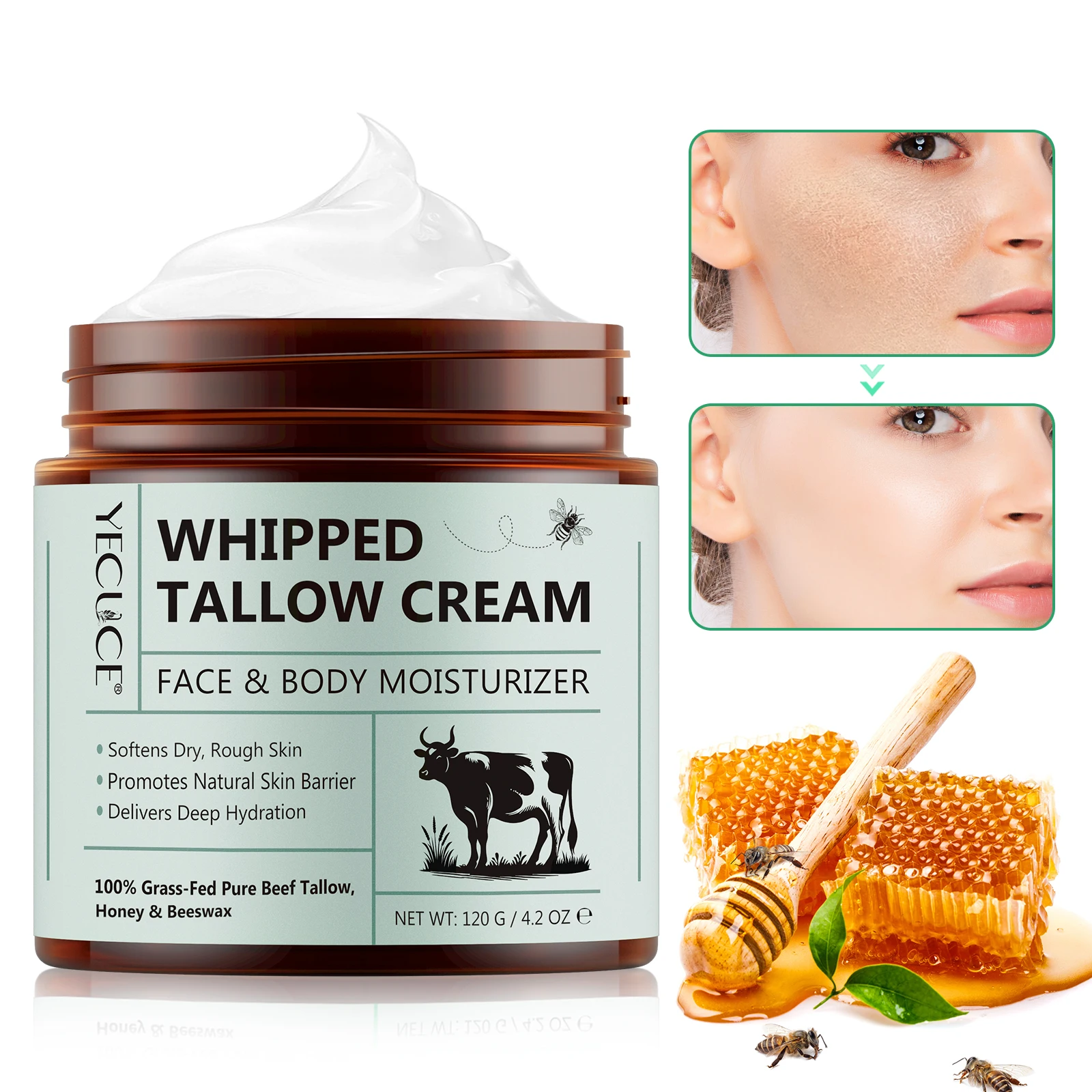 YECUCE deeply hydrates softens skin 120g beef tallow honey body face cream whipped tallow honey beef tallow balm
