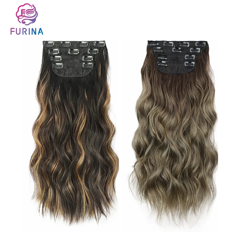 Furina wavy high quality natural curly long Europe and America 4 pcs 11 clips synthetic clips in hair extensions for women