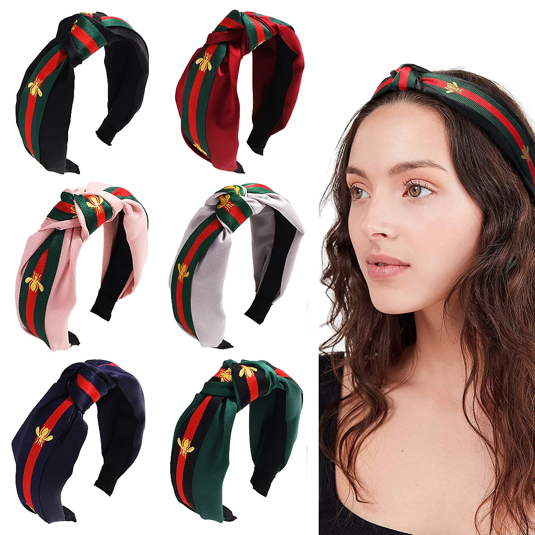 Gold Honeybee Print Knotted Wide Headband Head Wrap Hair Band Head Hoop Striped Ribbon Hair Decoration