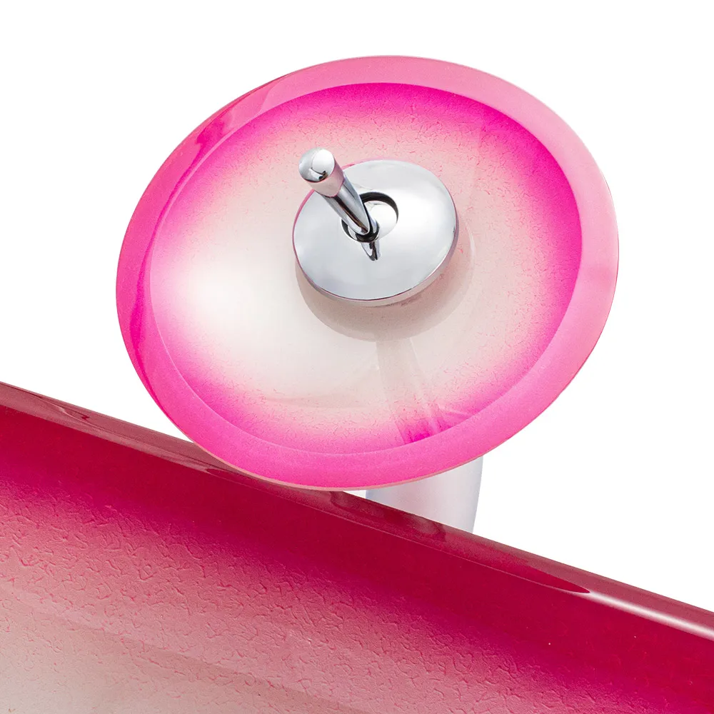 China manufacturer wholesale romantic pink rectangular tempered glass bathroom wash basin vessel sink with waterfall faucet