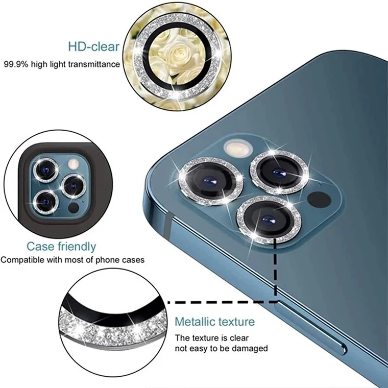 Hot Metal Glitter Lens Protector 9H Tempered Glass Phone Rear Camera Lens Screen Protector For iPhone 14 11 12 13 pro max