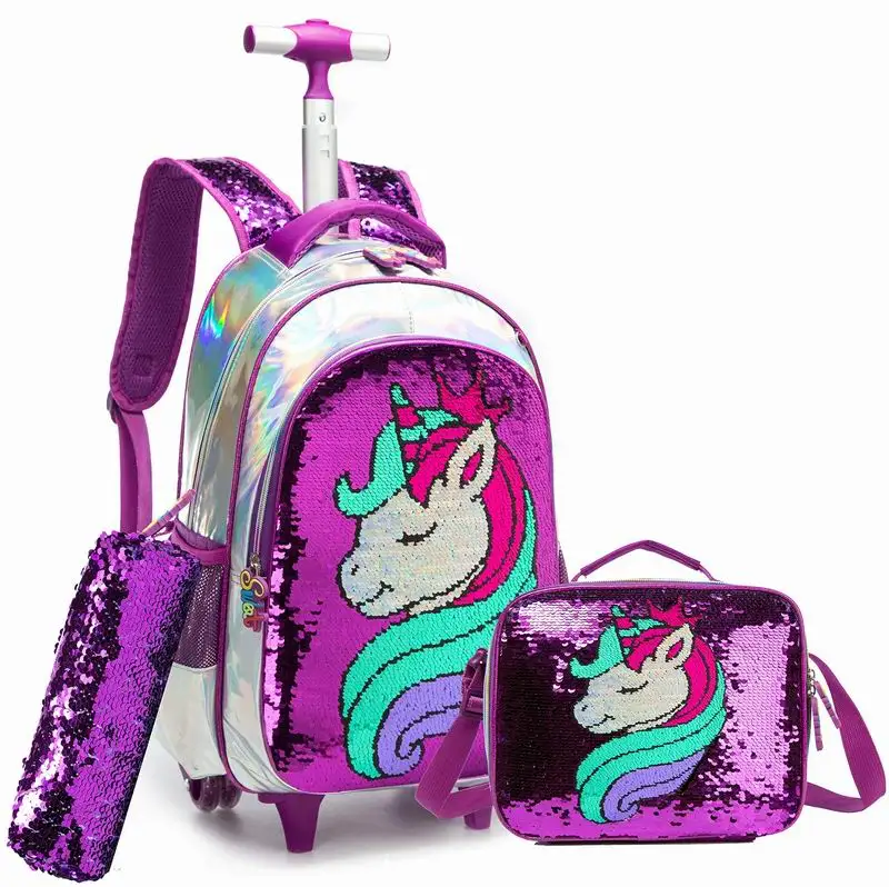 Jasminestar Cute Custom Unicorn Detachable Girl School Trolley Bag Set, Kids Cartoon Backpack With Lunch Box And Pencil Case