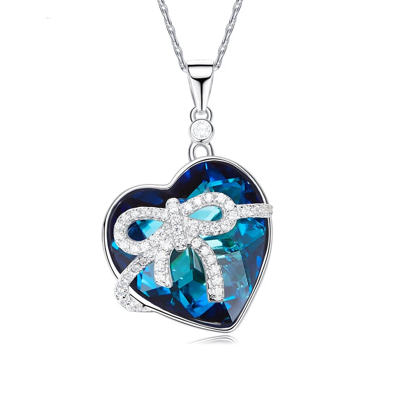 Creative and exquisite Heart Bow S925 Silver Crystal Necklace